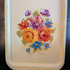 Cocktail Serving Tray Vintage 50s with Floral Design Yellow